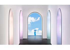 蓝色长裙女性背影主题虚拟空间与云元素海报背景