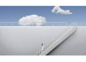 女性仰望楼梯主题虚拟空间与云元素海报背景