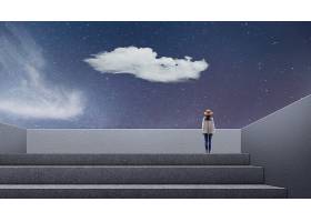 夜空天台主题虚拟空间与云元素海报背景