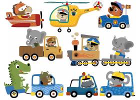驾驶交通工具的可爱动物们矢量插画
