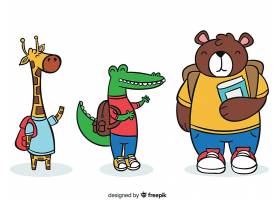上学的长颈鹿鳄鱼熊卡通形象插画设计