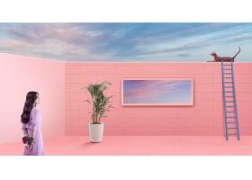 粉色调女性独自一人虚拟空间海报背景设计