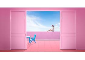 粉色调女性独自一人虚拟空间海报背景设计