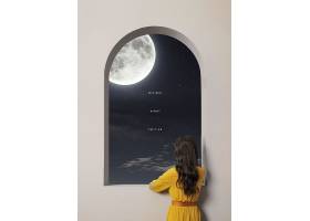 人物夜晚窗口观望夜空星星月亮场景背景海报设计