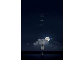 女性阳台观望夜空月色月亮海报设计