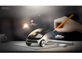 手握铅笔新颖小汽车无人驾驶创意视觉合成设计