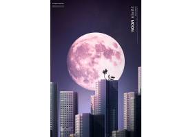 简约星空城市艺术感超级月亮图片